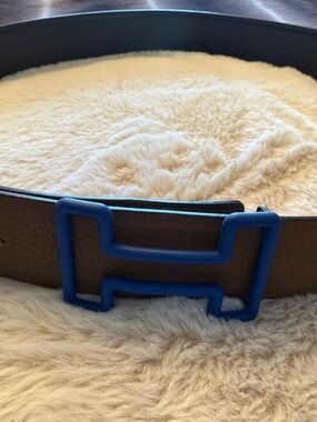 Hermes Paris reversible black/ Brown leather Belt with Blue Buckle